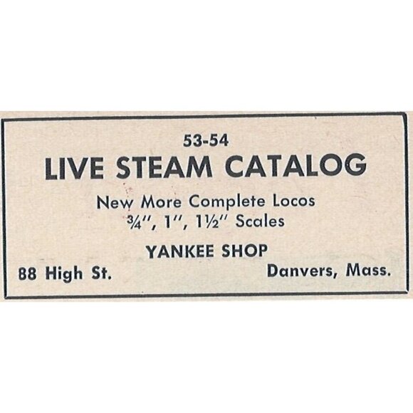 Live Steam Catalog Yankee Shop Danvers Mass u Vintage Print Ad Original 1954 - Picture 1 of 1